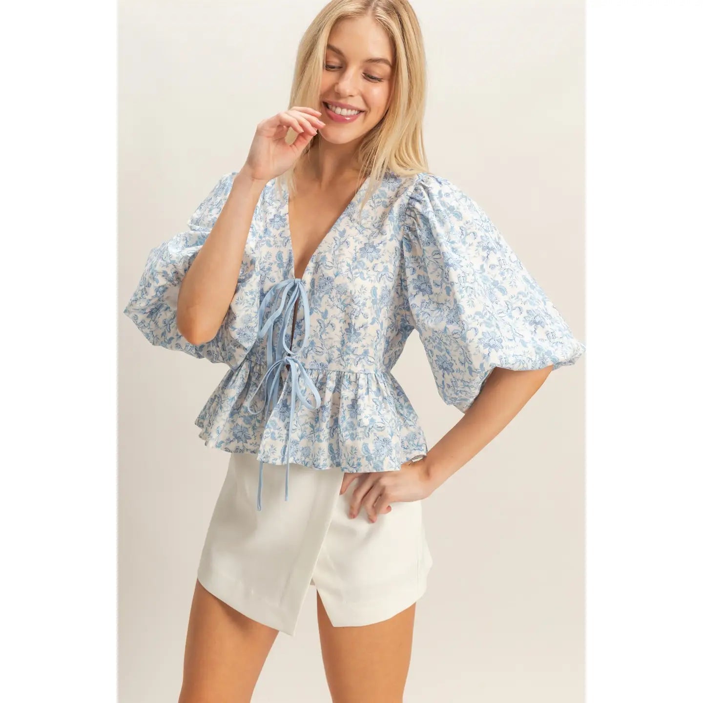 Cherelle Bow Tie Blouse in Blue - Hylera - - image_size - Cherelle Bow Tie Blouse in Blue
