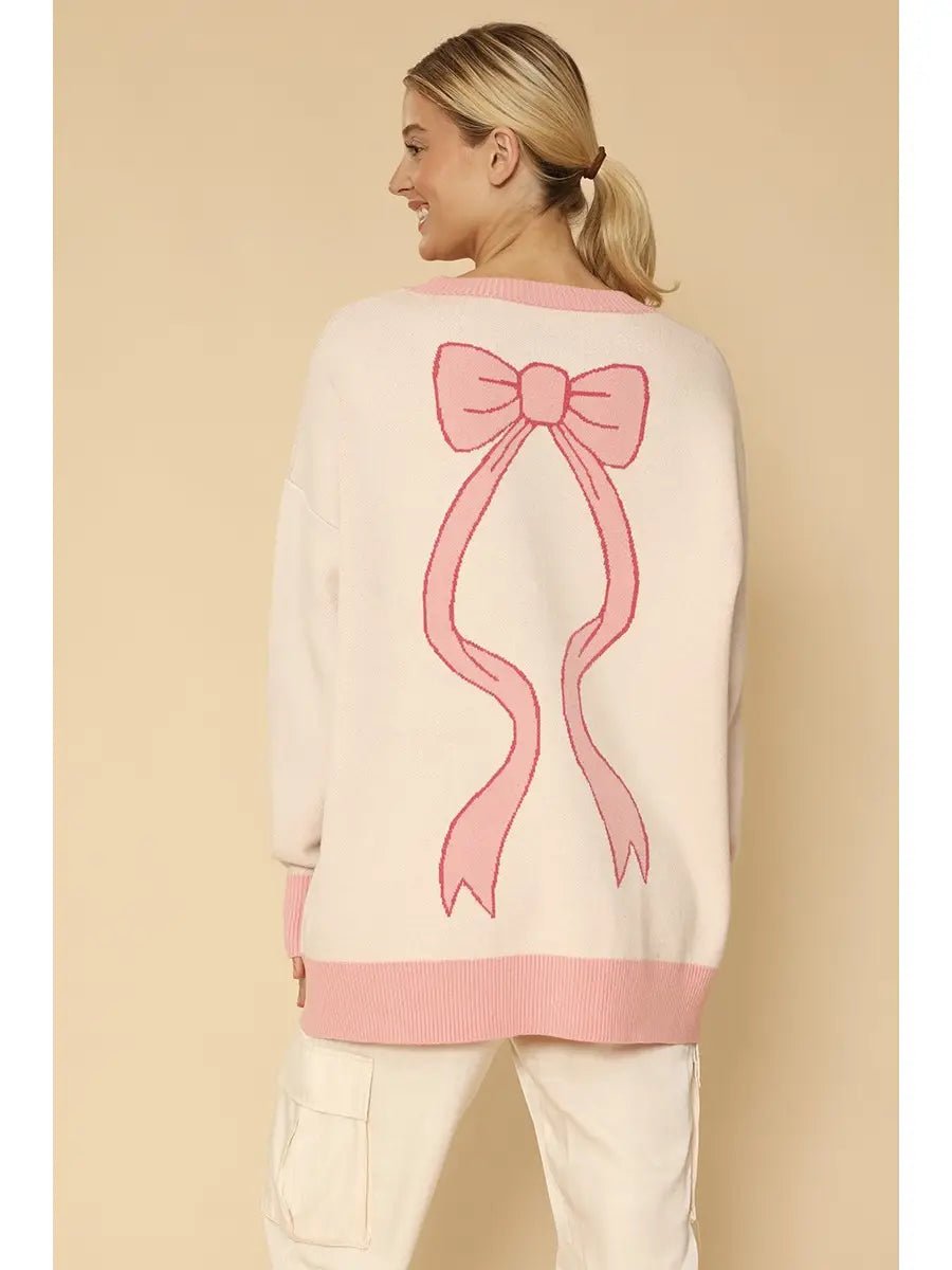 Amarioni Printed Bow Varsity Cardigan  - Hylera - HLY6590N-1 - image_size - Amari Bow Varsity Sweater