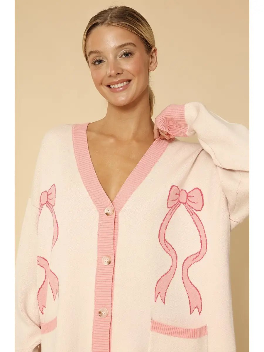 Amarioni Printed Bow Varsity Cardigan - Hylera - HLY6590N-1 - image_size - Amari Bow Varsity Sweater