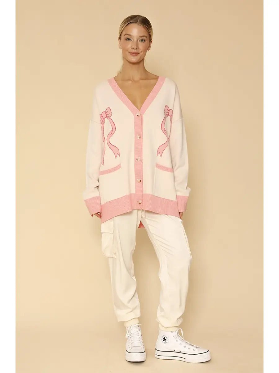 Amarioni Printed Bow Varsity Cardigan - Hylera - HLY6590N-1 - image_size - Amari Bow Varsity Sweater