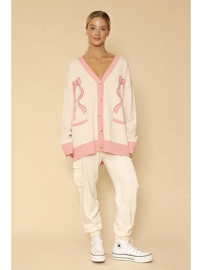 Amarioni Printed Bow Varsity Cardigan - Hylera - HLY6590N-1 - image_size - Amari Bow Varsity Sweater