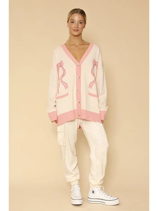 Amarioni Printed Bow Varsity Cardigan - Hylera - HLY6590N-1 - image_size - Amari Bow Varsity Sweater