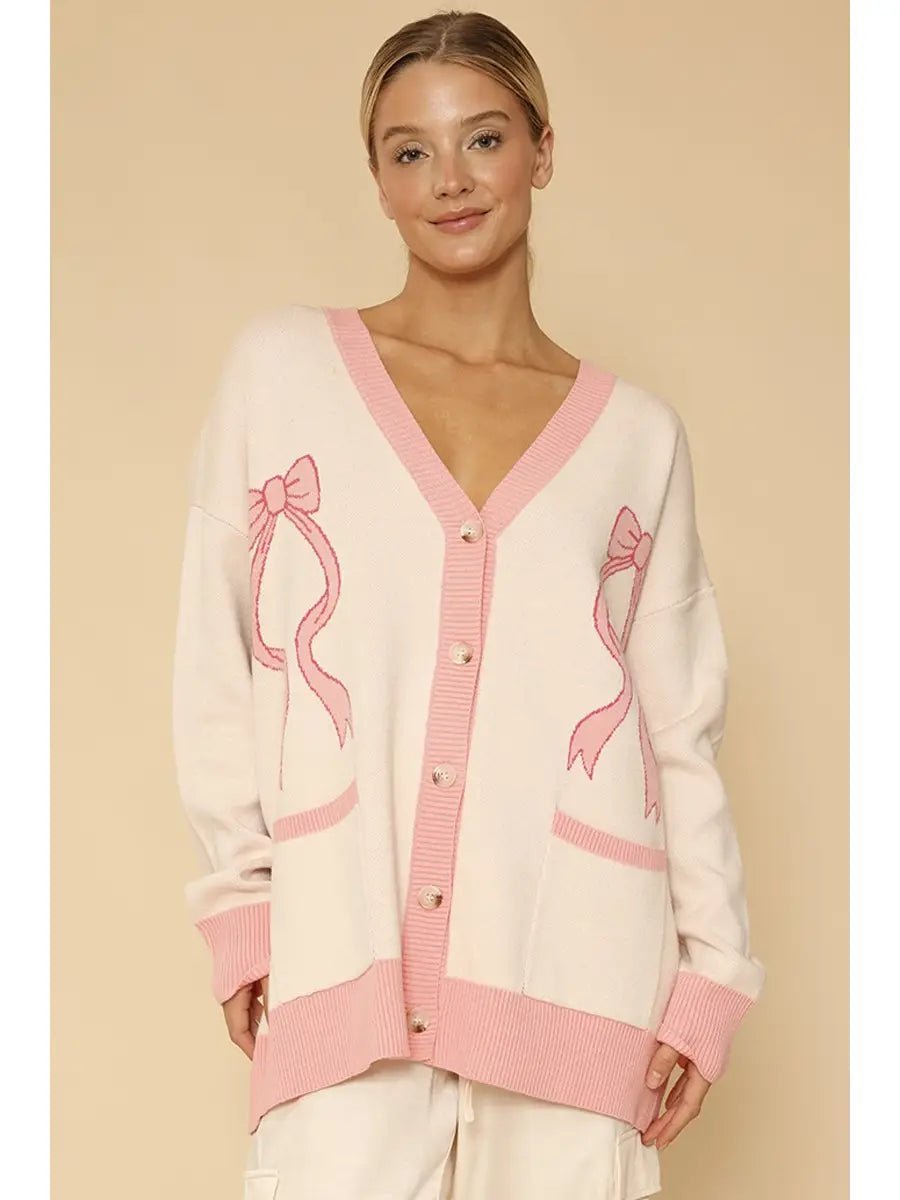 Amarioni Printed Bow Varsity Cardigan - Hylera - HLY6590N-1 - image_size - Amari Bow Varsity Sweater