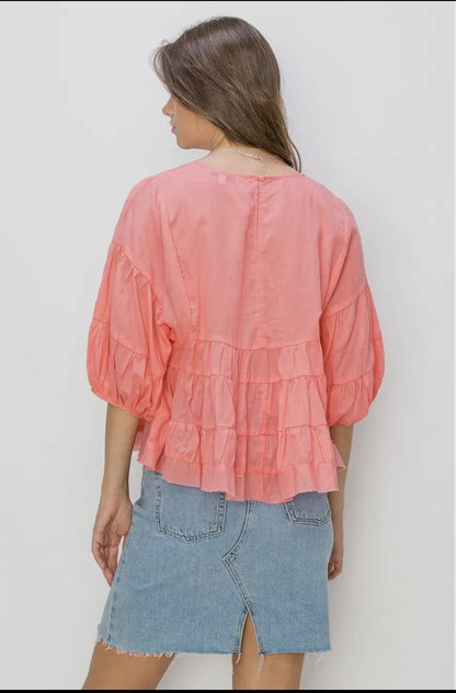 Bellamore Tiered Peachy Pink Blouse - Hylera -  - image_size - Bellamore Tiered Peachy Pink Blouse