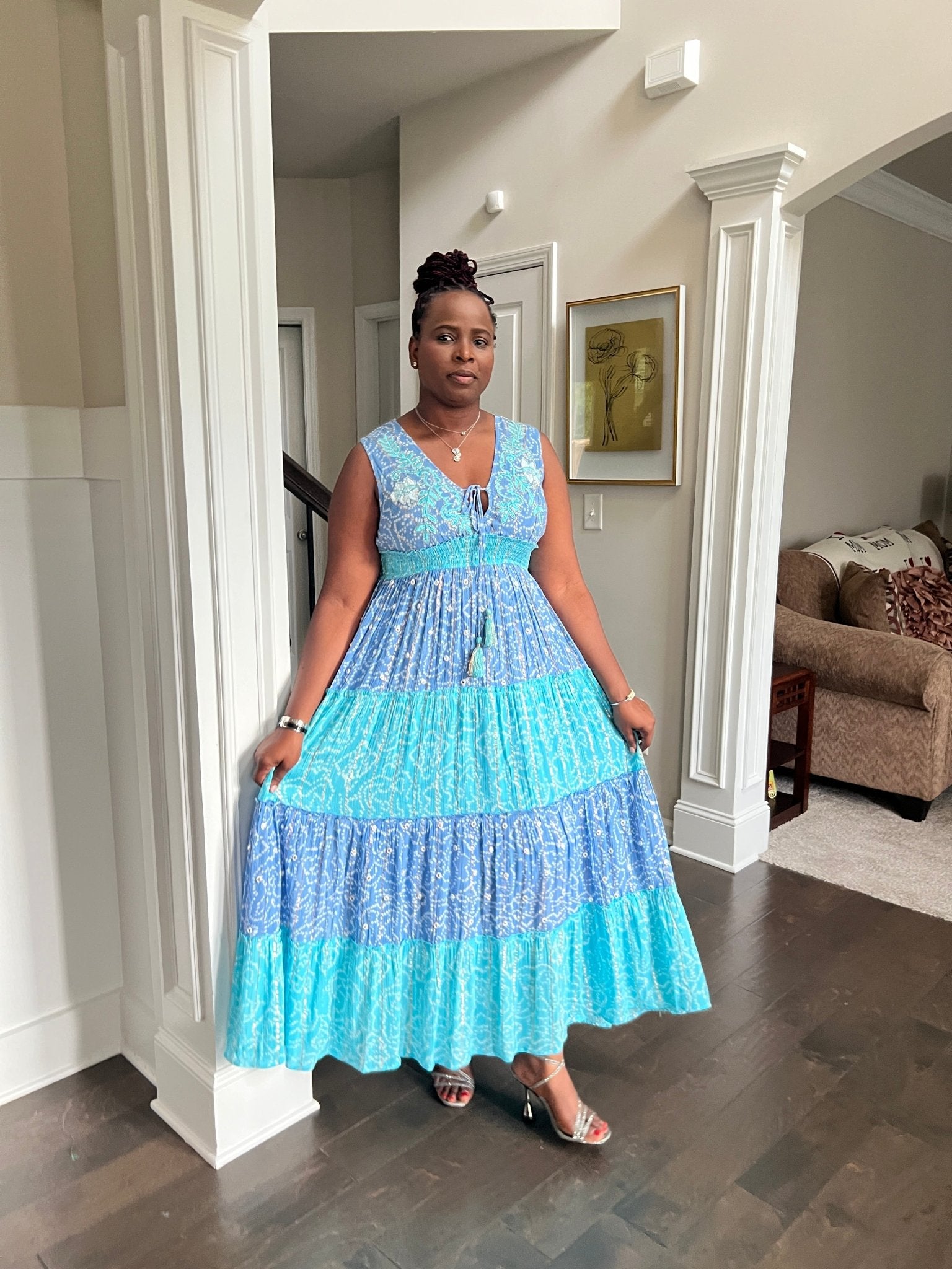 Flowy Blue Rock Tiered Maxi Dress