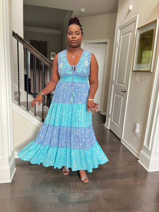 Flowy Blue Rock Tiered Maxi Dress - Hylera #image_size# - #original_value#