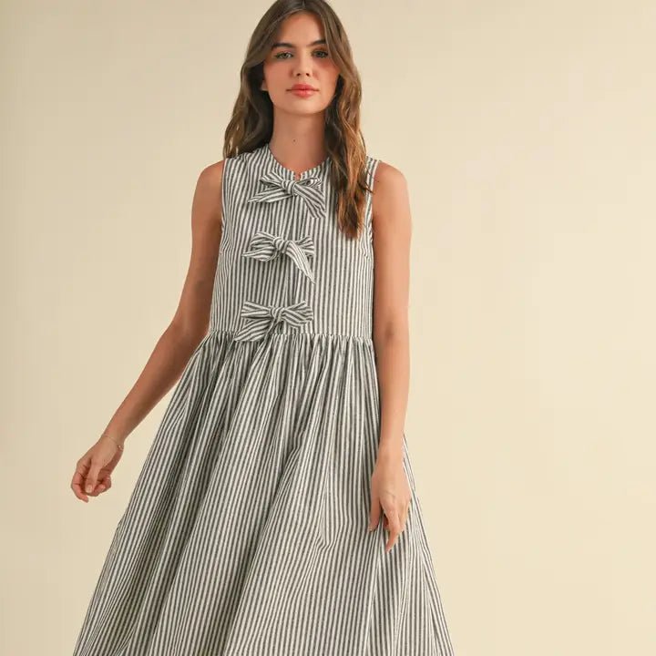 Brianne Bow Dress - Striped Sleeveless with Bow Detail for Women - Hylera -  - image_size - Brianne Bow Dress - Striped Sleeveless with Bow Detail for Women