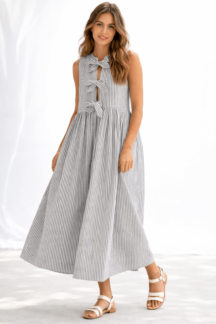 Brianne Bow Dress - Striped Sleeveless with Bow Detail for Women - Hylera - HYL3454SB1 - image_size - Brianne Bow Dress - Striped Sleeveless with Bow Detail for Women