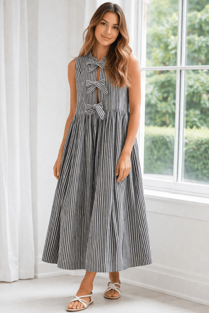 Brianne Bow Dress - Striped Sleeveless with Bow Detail for Women - Hylera - HYL3454SB1 - image_size - Brianne Bow Dress - Striped Sleeveless with Bow Detail for Women