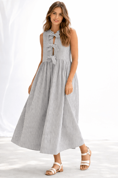 Brianne Bow Dress - Striped Sleeveless with Bow Detail for Women - Hylera - HYL3454SB1 - image_size - Brianne Bow Dress - Striped Sleeveless with Bow Detail for Women