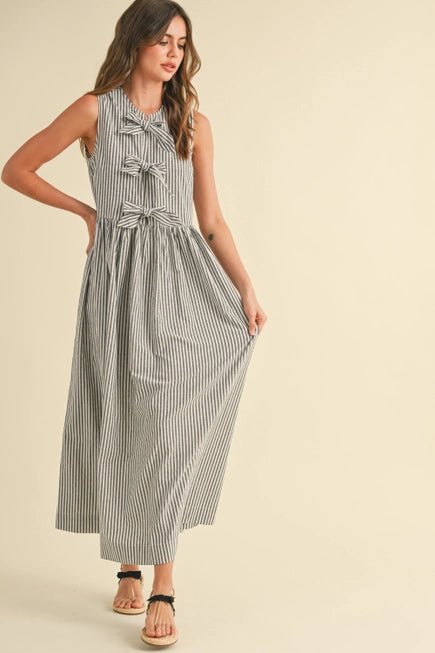 Brianne Bow Dress - Striped Sleeveless with Bow Detail for Women