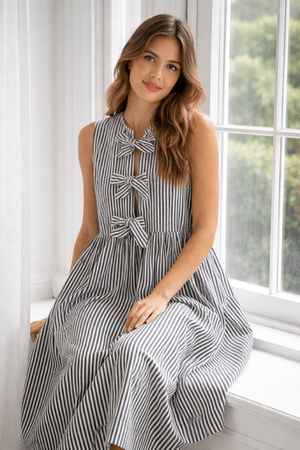 Brianne Bow Dress - Striped Sleeveless with Bow Detail for Women - Hylera - HYL3454SB1 - image_size - Brianne Bow Dress - Striped Sleeveless with Bow Detail for Women