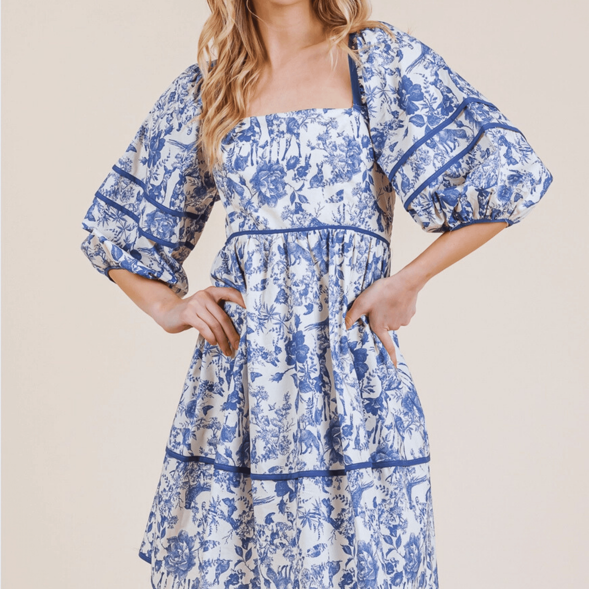 Cadence Blue Floral and Woodland Animal Dress - Hylera - HLY50501 - image_size - Cadence Blue Floral and Woodland Animal Dress