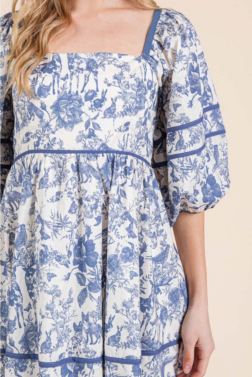 Cadence Blue Floral and Woodland Animal Dress - Hylera