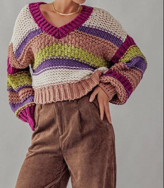 Candace Striped Multi Colored Crop Sweater - Hylera - HLY3734M-1 - image_size - Candace Multi Crop Sweater
