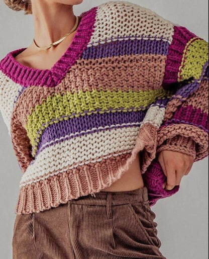 Candace Striped Multi Colored Crop Sweater - Hylera - HLY3734M-1 - image_size - Candace Multi Crop Sweater