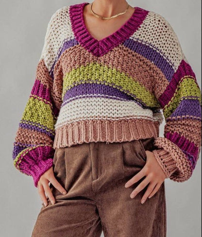 Candace Striped Multi Colored Crop Sweater - Hylera - HLY3734M-1 - image_size - Candace Multi Crop Sweater
