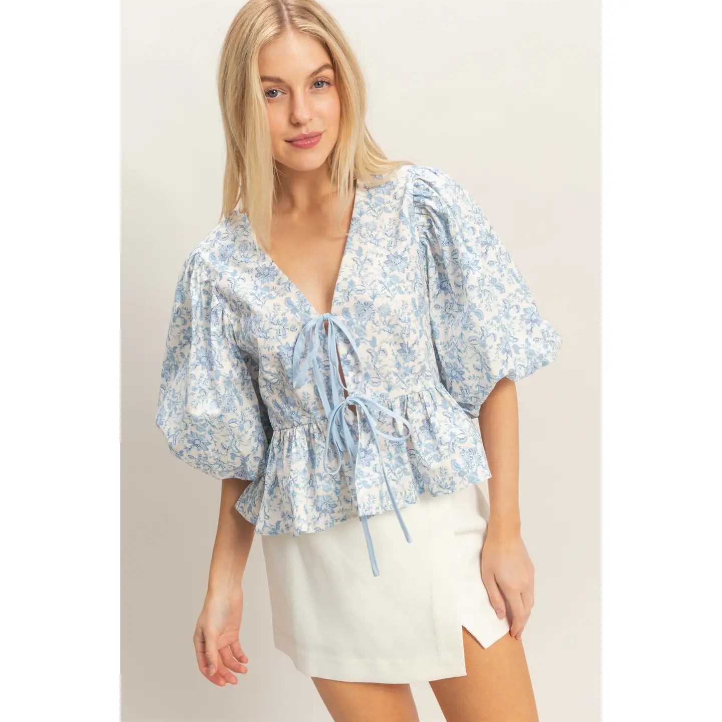 Cherelle Bow Tie Blouse in Blue - Hylera -  - image_size - Cherelle Bow Tie Blouse in Blue