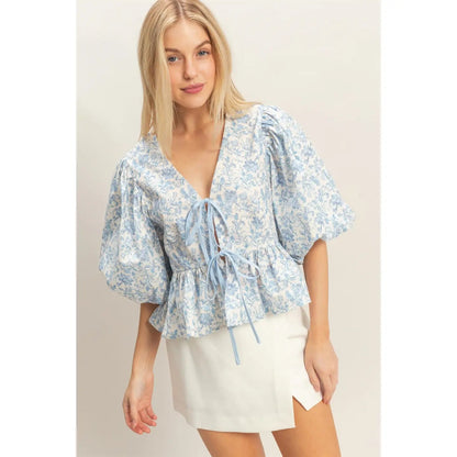Cherelle Bow Tie Blouse in Blue - Hylera -  - image_size - Cherelle Bow Tie Blouse in Blue