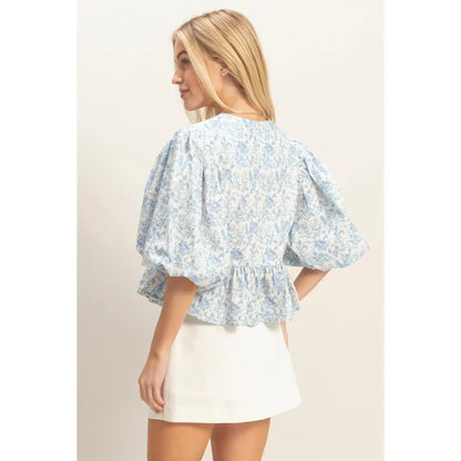 Cherelle Bow Tie Blouse in Blue - Hylera -  - image_size - Cherelle Bow Tie Blouse in Blue