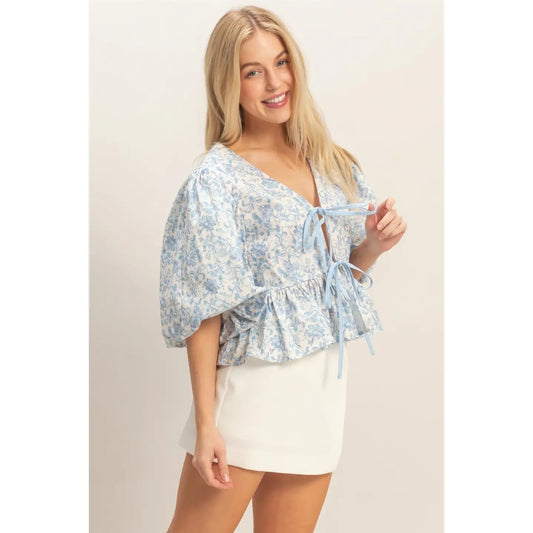 Cherelle Bow Tie Blouse in Blue - Hylera -  - image_size - Cherelle Bow Tie Blouse in Blue
