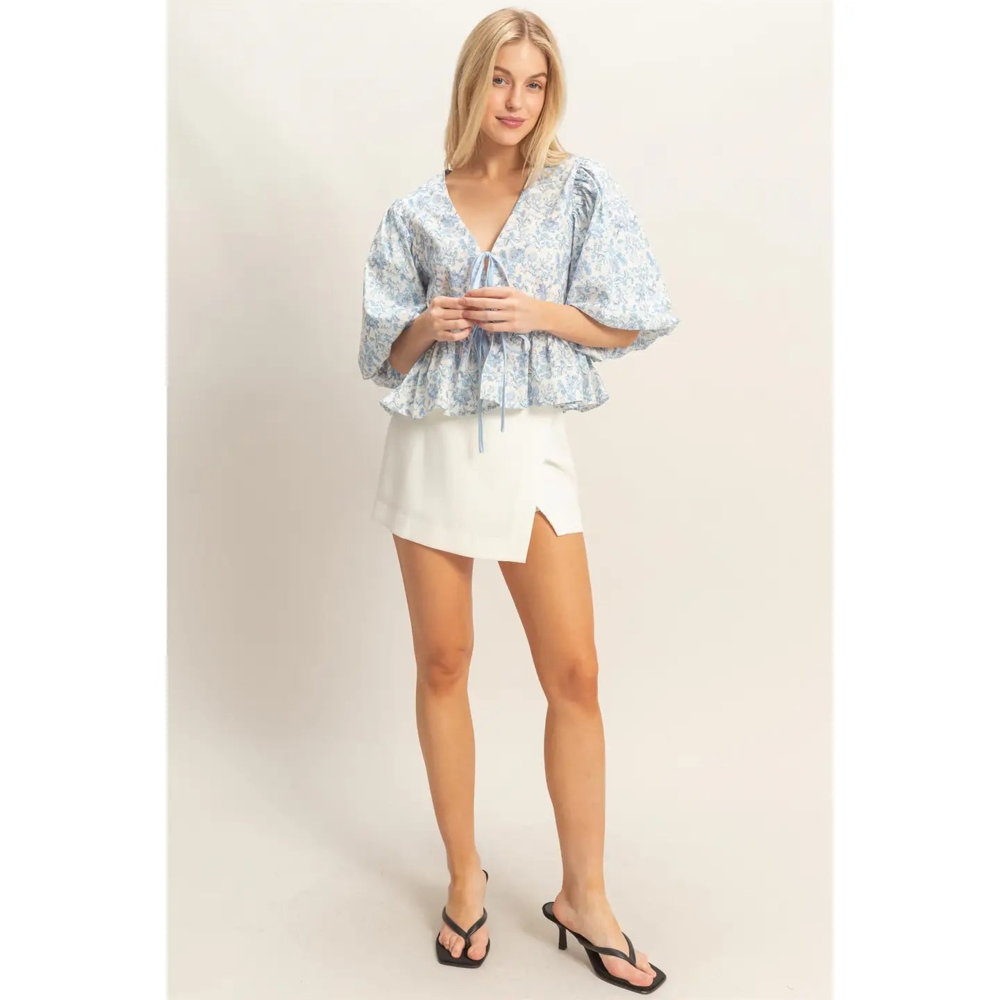 Cherelle Bow Tie Blouse in Blue - Hylera -  - image_size - Cherelle Bow Tie Blouse in Blue