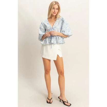 Cherelle Bow Tie Blouse in Blue - Hylera -  - image_size - Cherelle Bow Tie Blouse in Blue