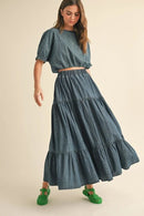 Flounce Flowy Tiered Denim Skirt - Hylera