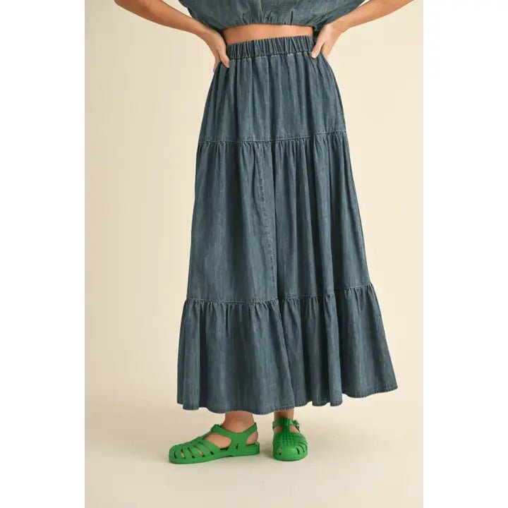 Flounce Flowy Tiered Denim Skirt - Hylera