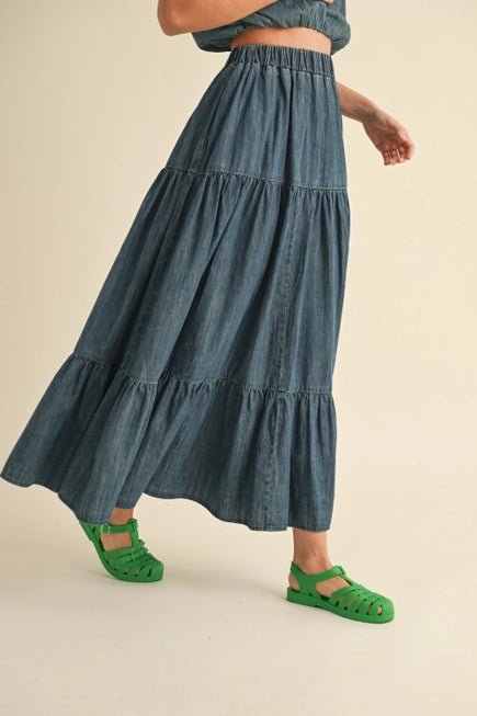 Flounce Flowy Tiered Denim Skirt - Hylera