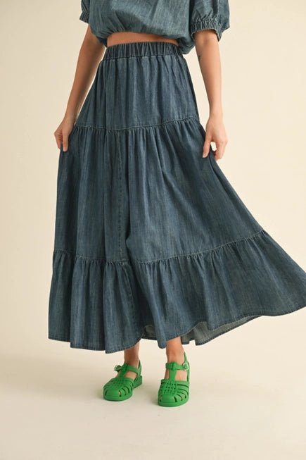 Flounce Flowy Tiered Denim Skirt - Hylera