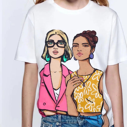 Jolly Friends T-Shirt Women's Top - Hylera - SPS-TS21213 - image_size - Jolly Friends T-Shirt Women's Top - Sand+Silk