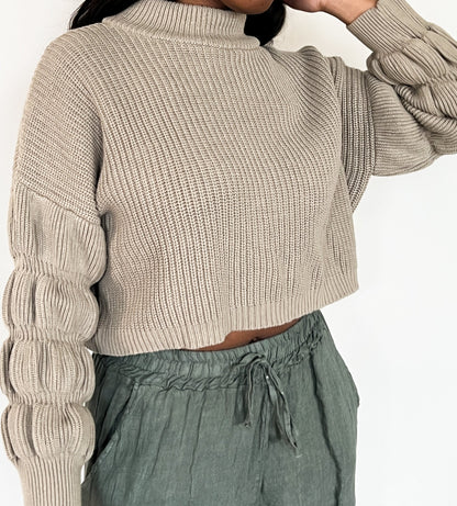 Kendra Cropped Women's Sweater - Hylera - HY-SL5987 - image_size - Kandria Cropped Women's Casual Sweater - Sand+Silk