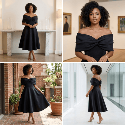 Perse Off-Shoulder Bow Midi Dress - Hylera - HY-SS5687 - image_size - Perse Off-Shoulder Bow Midi Dress