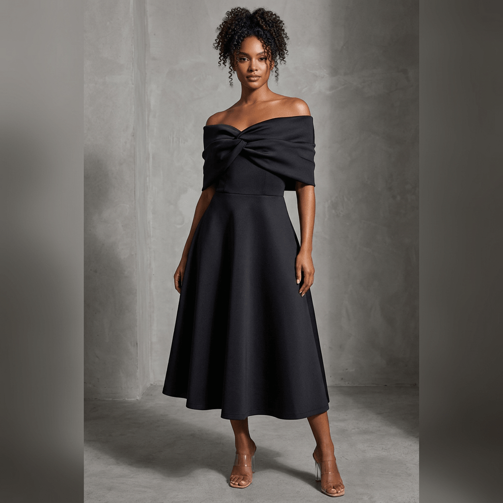 Perse Off-Shoulder Bow Midi Dress - Hylera - HY-SS5687 - image_size - Perse Off-Shoulder Bow Midi Dress