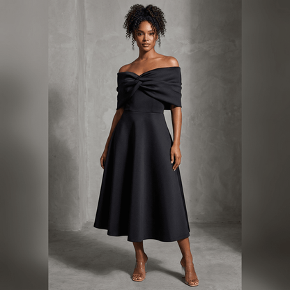 Perse Off-Shoulder Bow Midi Dress - Hylera - HY-SS5687 - image_size - Perse Off-Shoulder Bow Midi Dress