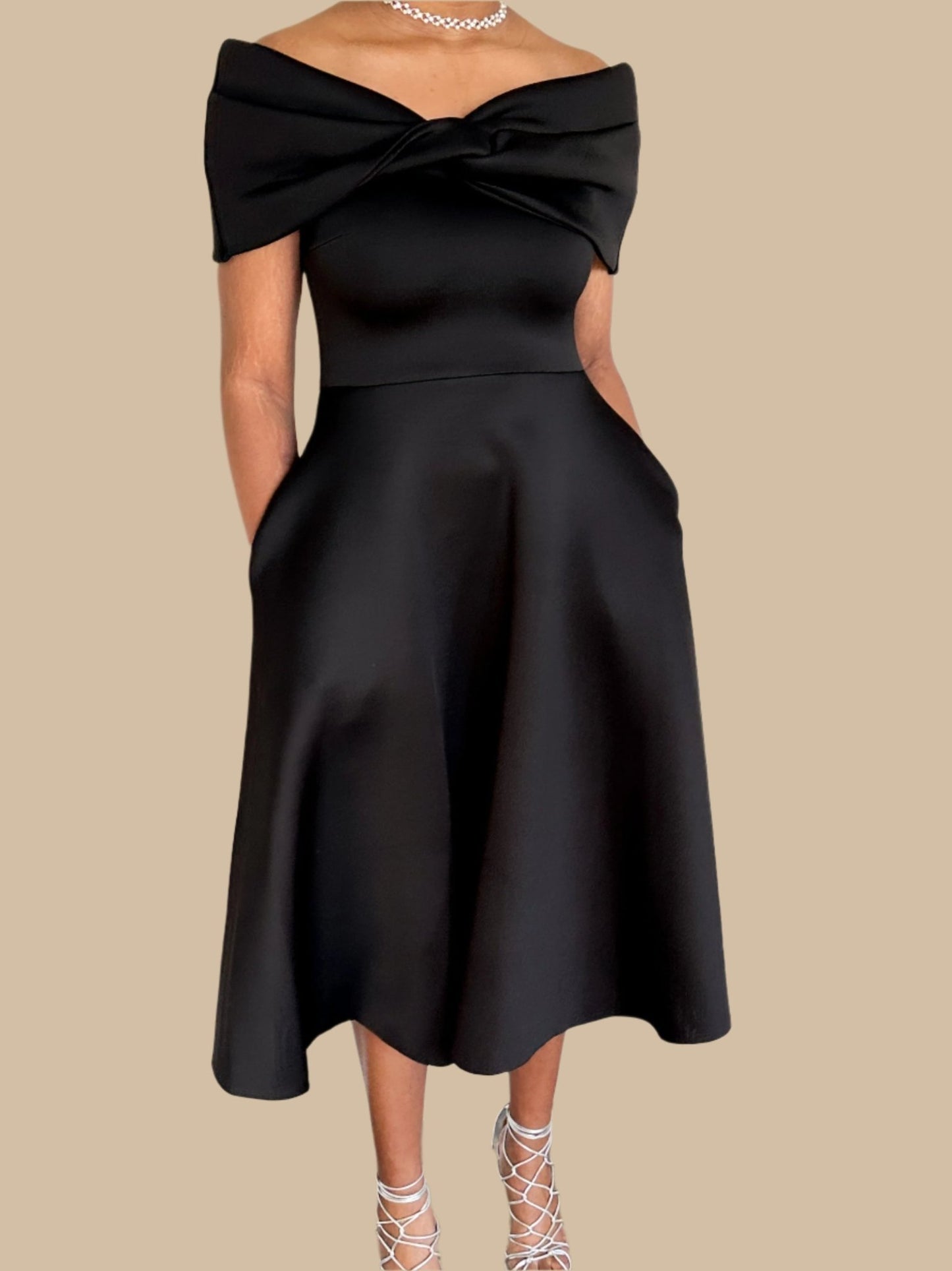 Perse Off-Shoulder Bow Midi Dress - Hylera - HY-SS5687