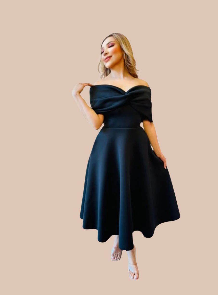 Perse Off-Shoulder Bow Midi Dress - Hylera - HY-SS5687