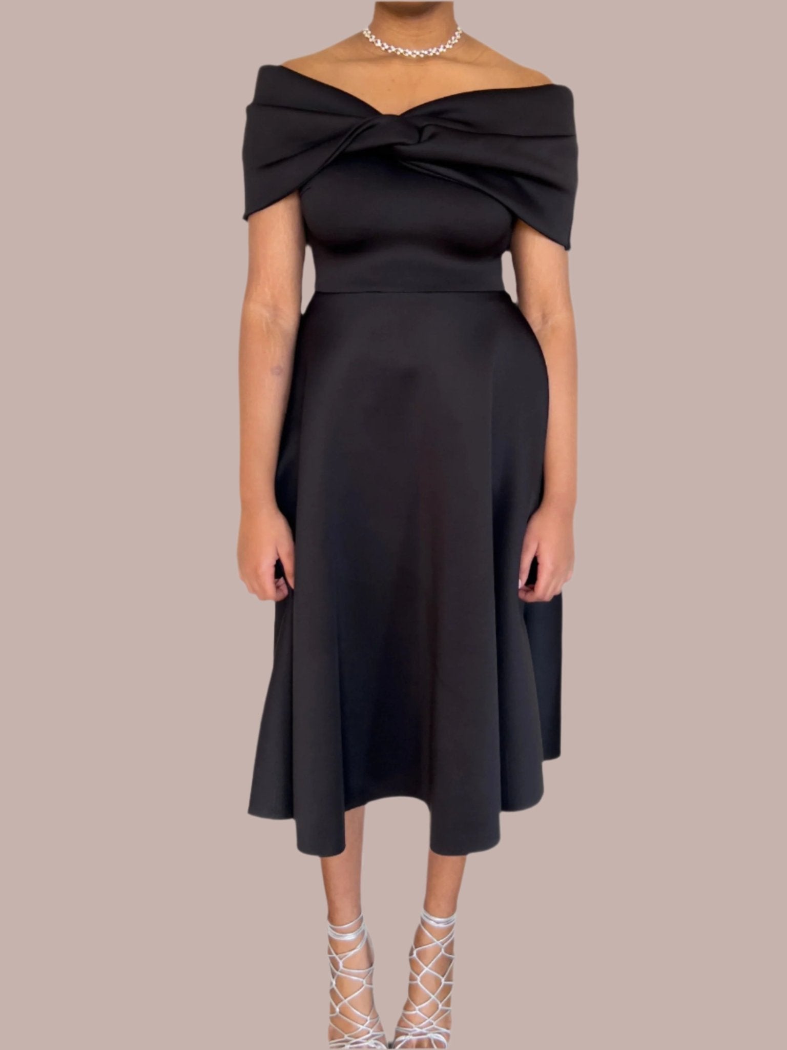 Perse Off-Shoulder Bow Midi Dress - Hylera - HY-SS5687