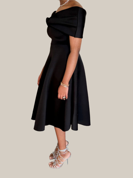 Perse Off-Shoulder Bow Midi Dress - Hylera - HY-SS5687