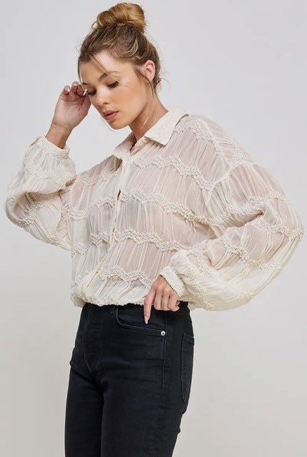 Romantic Ruffle Sheer Blouse Elegant Long Sleeve - Hylera - HYL34951W - image_size - Romantic Ruffle Sheer Blouse Elegant Long Sleeve