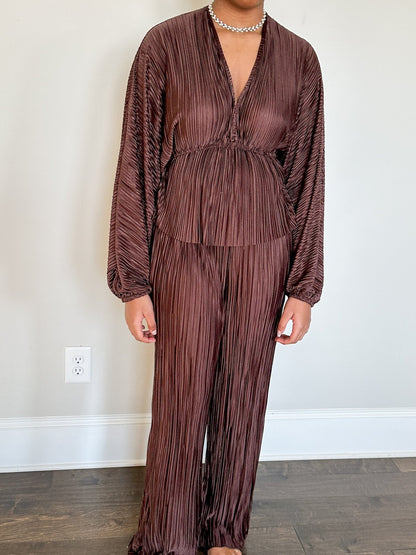 Vienna Deep V - neck Women's Brown Set - Hylera - HY-SS2362